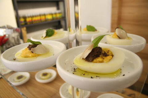 Potato Egg Napoleon with Black Olive Paste