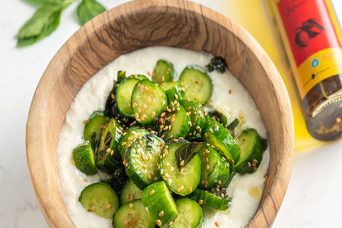 Cucumber yogurt salad with Zejd chili infused oil recipe.