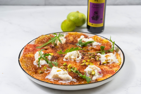 Fig Carpaccio with Burrata, Pistachios & Balsamic Infused Oil