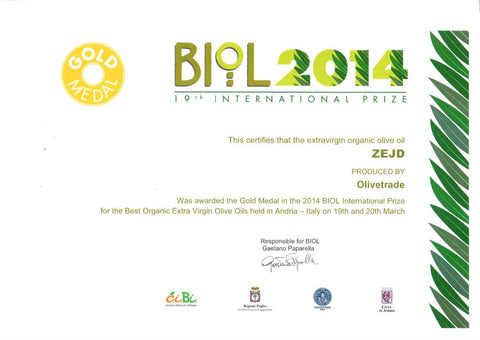 Zejd won the gold medal for its organic olive oil at BIOL 2014