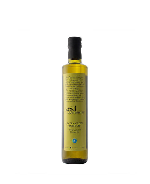 A bottle of Zejd extra virgin olive oil with a black cap and a light olive-green label, shown against a plain white background.